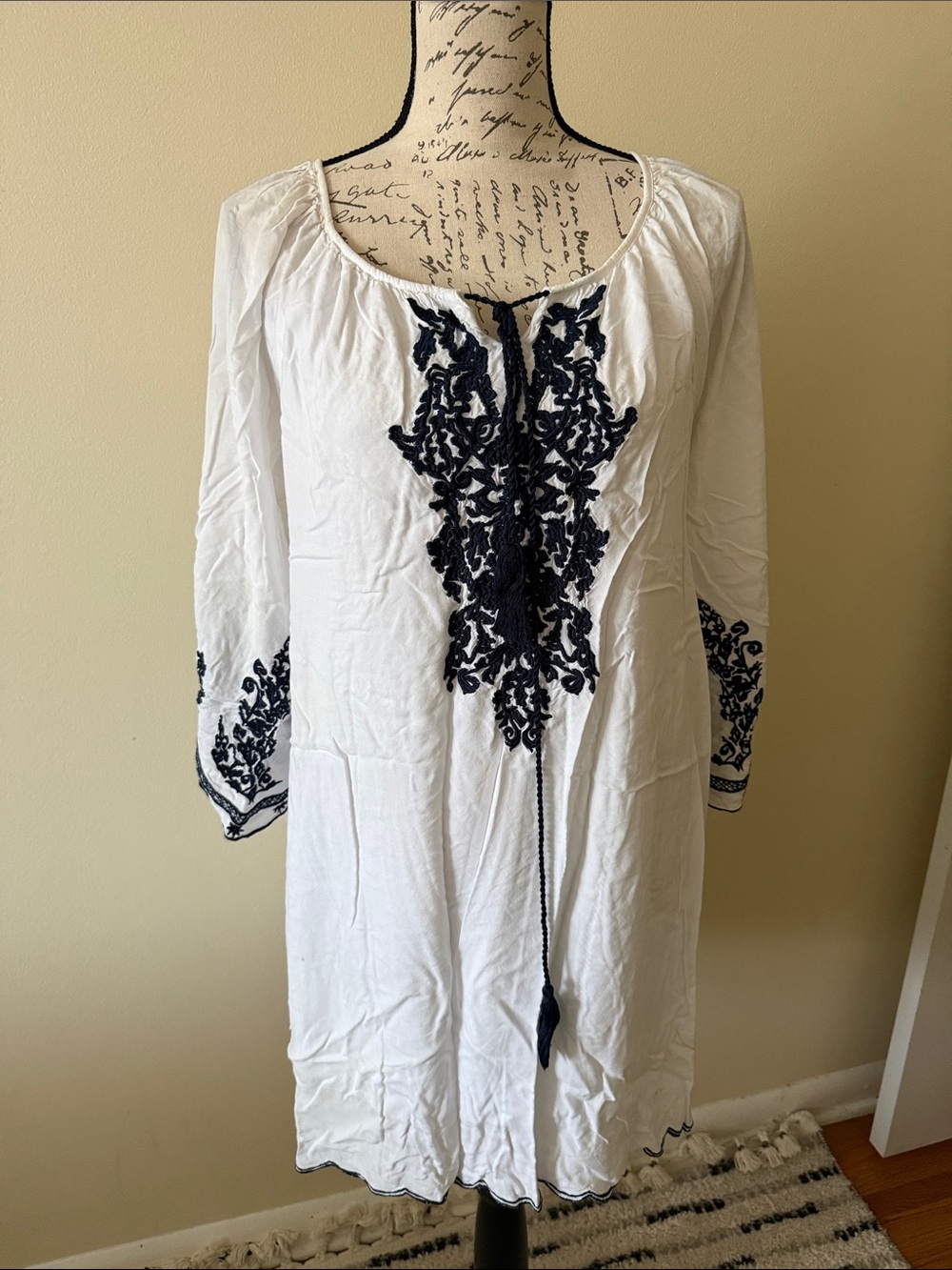 White Embroidered Mini Dress with Navy Detailing